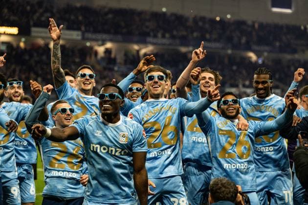 21st April 2026: Coventry Building Society Arena, Coventry, West Midlands, England; EFL Championship Football, Coventry City versus Portsmouth; Coventry City players celebrate winning the Championship after the final whistle GodfreyxPitt