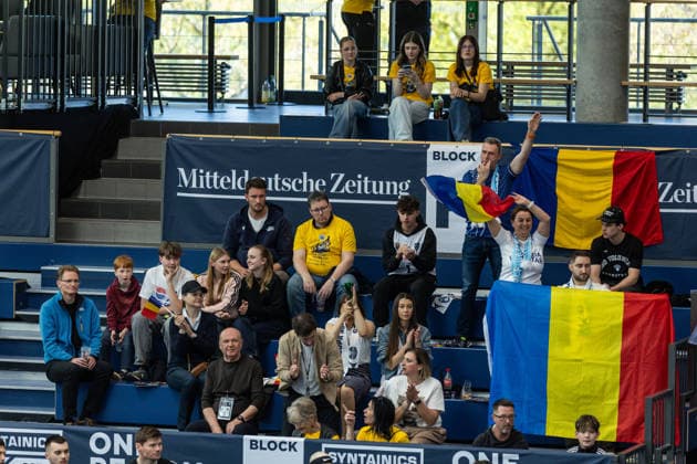 GER, ENBL VIMODROM Final 4, Semifinal 1, CSO Voluntari Dziki Warsaw 22 04 2026, Stadthalle, Weißenfels, GER, ENBL VIMODROM Final 4, Semifinal 1, CSO Voluntari Dziki Warsaw Fans of CSO Voluntari Â Photo Alexander Trienitz Weißenfels Stadthalle Sachsen Anhalt Germany