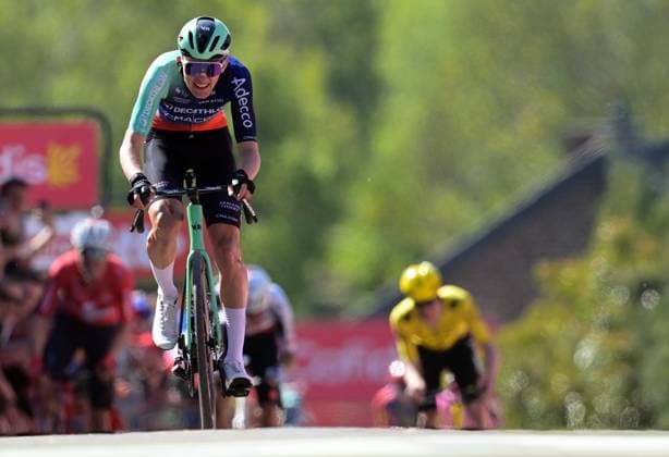 French Paul Seixas of Decathlon CMA CGM Team celebrates after winning the men s race of the 90th edition of the La Fleche Wallonne , one day cycling race (Waalse Pijl - Walloon Arrow), 200 km from Herstal to Huy, Wednesday 22 April 2026. DAVIDxPINTENS  x171670535x