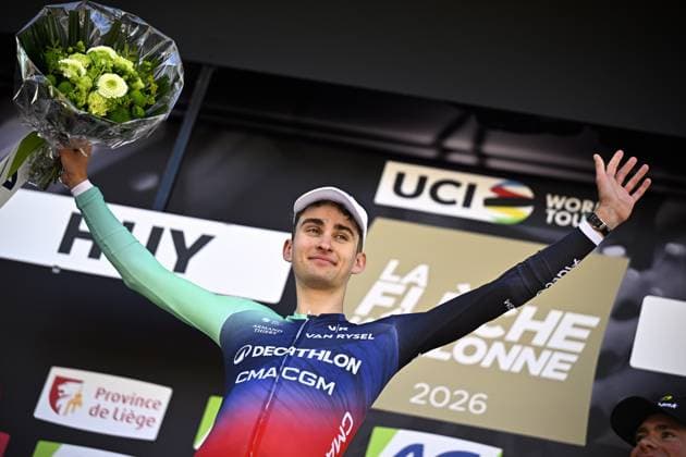 French Paul Seixas of Decathlon CMA CGM Team celebrates on the podium after winning the men s race of the 90th edition of the La Fleche Wallonne , one day cycling race (Waalse Pijl - Walloon Arrow), 200 km from Herstal to Huy, Wednesday 22 April 2026. JASPERxJACOBS  x171675995x