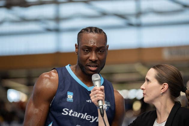 Solomon Devin Young CSO, 33 , Interview, CSO Voluntari vs Dziki Warszawa, European North Basketball League, Final Four, Semifinal 2025 26, Romania, Poland, 22 04 2026 Weissenfels Stadthalle Sachsen Anhalt Germany
