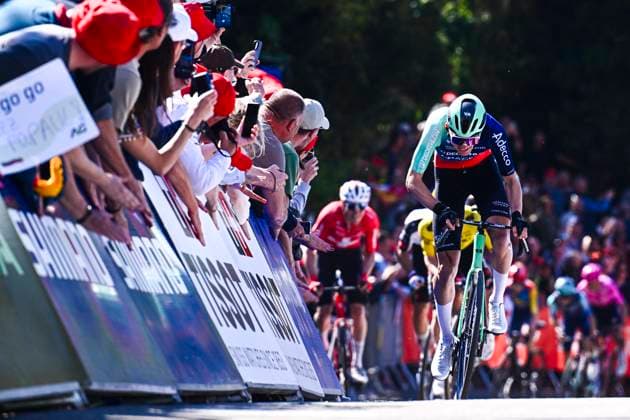 La Fleche Wallonne 2026 Cycling Race HUY, BELGIUM - APRIL 22 : Seixas Paul (FRA) of Decathlon CMA CGM Team in the final sprint during the 90th edition of La Fleche Wallonne an UCI World Tour 1.UWT one day cycling road race for Men Elite of 209 km with start in Herstal and finish in Huy on April 22, 2026 in Huy, Belgium, 22 04 2026 ( Motordriver Guy De Vuyst - Huy Belgium  Copyright: xGvgx