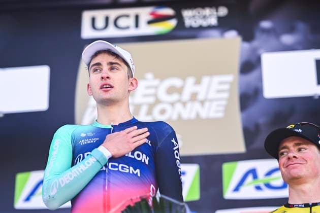 La Fleche Wallonne 2026 Cycling Race HUY, BELGIUM - APRIL 22 : Seixas Paul (FRA) of Decathlon CMA CGM Team on the podium during the 90th edition of La Fleche Wallonne an UCI World Tour 1.UWT one day cycling road race for Men Elite of 209 km with start in Herstal and finish in Huy on April 22, 2026 in Huy, Belgium, 22 04 2026 ( Motordriver Guy De Vuyst - Huy Belgium  Copyright: xGvgx