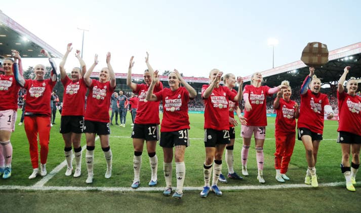 FC Bayern women cheer and celebrate the German Championship German Champion Sport Football Soccer 1 Bundesliga Women Women 23 Matchday Season 2025 2026 22 04 2026 1 FC Union Berlin vs FC Bayern München FCB DFL regulations prohibit any use of photographs as image sequences and or quasi video