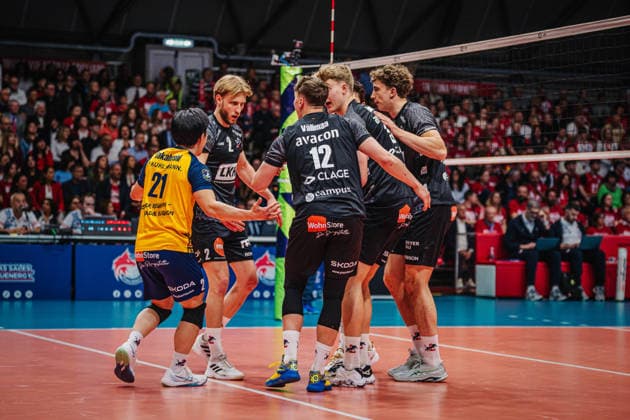 Volleyball Men CEV Cup 2026 Final Gas Sales Bluenergy Piacenza vs SVG Lüneburg 21 04 2026 The SVG Lüneburg team celebrates