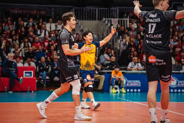 Volleyball Mens CEV Cup 2026 Final Gas Sales Bluenergy Piacenza vs SVG Lüneburg 21 04 2026 Ethan Champlin 20 SVG Lüneburg and Sho Takahashi 21 SVG Lüneburg rejoice