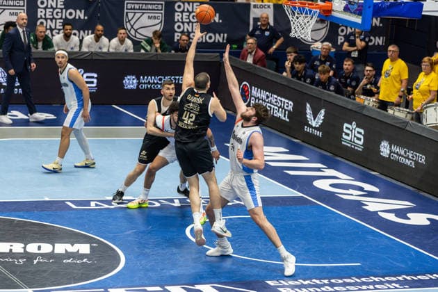 GER, ENBL VIMODROM Final 4, Semi-Final 2, SYNTAINICS MBC Manchester Basketball 22 04 2026, Stadthalle, Weißenfels, GER, ENBL VIMODROM Final 4, Semi-Final 2, SYNTAINICS MBC Manchester Basketball Nemanja Djurisic Syntainics MBC, 42 , Matthew Nicholson Manchester Basketball, 34 Â Photo Alexander Trienitz Weißenfels Stadthalle Sachsen Anhalt Germany