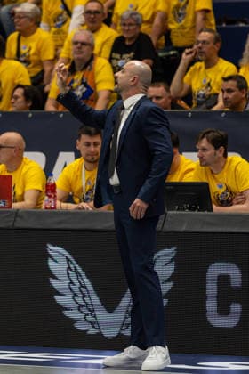 GER, ENBL VIMODROM Final 4, Semifinal 2, SYNTAINICS MBC Manchester Basketball 22 04 2026, Stadthalle, Weißenfels, GER, ENBL VIMODROM Final 4, Semifinal 2, SYNTAINICS MBC Manchester Basketball Milenko Bogicevic Head Coach , Syntainics MBC Â Photo Alexander Trienitz Weißenfels Stadthalle Sachsen Anhalt Germany