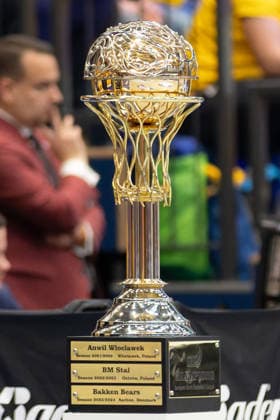The winners trophy before the match Syntainics MBC vs Manchester Basketball, European North Basketball League, Final Four, Semi-Final 2025 26, Germany England, 22 04 2026 Weissenfels Stadthalle Sachsen Anhalt Germany