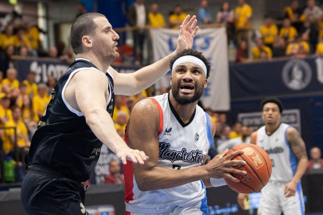 Nemanja Djurisic MBC, 42 , Zak Irvin MCR, 7 , Syntainics MBC vs Manchester Basketball, European North Basketball League, Final Four, Semi-Final 2025 26, Germany England, 22 04 2026 Weissenfels Stadthalle Sachsen Anhalt Germany