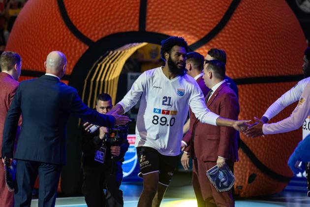 GER, ENBL VIMODROM Final 4, Semi-Final 2, SYNTAINICS MBC Manchester Basketball 22 04 2026, Stadthalle, Weißenfels, GER, ENBL VIMODROM Final 4, Semi-Final 2, SYNTAINICS MBC Manchester Basketball RJ Gunn Syntainics MBC, 21 at the team presentation  Photo Alexander Trienitz Weißenfels Stadthalle Sachsen Anhalt Germany