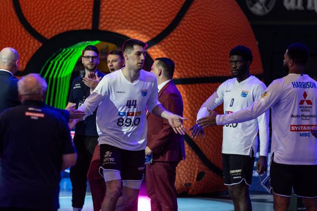 GER, ENBL VIMODROM Final 4, Semi-Final 2, SYNTAINICS MBC Manchester Basketball 22 04 2026, Stadthalle, Weißenfels, GER, ENBL VIMODROM Final 4, Semi-Final 2, SYNTAINICS MBC Manchester Basketball Jure Planinic Syntainics MBC, 44 at the team presentation  Photo Alexander Trienitz Weißenfels Stadthalle Sachsen Anhalt Germany