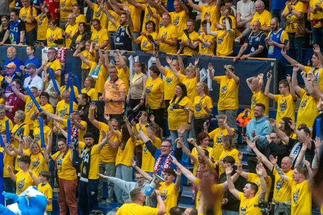 Weissenfelser Fanblock GER, Syntainics MBC vs Manchester Basketball Club, Basketball, European North Basketball League, semi-finals, 2025 2026 season, 22 04 2026 GER, Syntainics MBC vs Manchester Basketball Club, Basketball, European North Basketball League, semi-finals, 2025 2026 season, 22 04 2026 Weissenfels Copyright: xEibner-Pressefoto PiaxSchindlerx EP_PSR