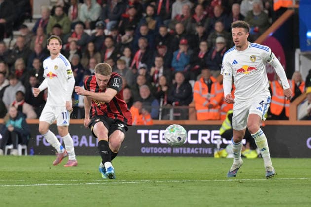 Bournemouth v Leeds United, Premier League Adrien Truffert (3) of AFC Bournemouth shoots at goal during the Premier League match between Bournemouth and Leeds United at the Vitality Stadium, Bournemouth, UK on 22 April 2026. Bournemouth Vitality Stadium Dorset UK Editorial use only DataCo restrictions apply See www.football-dataco.com , Copyright: xGrahamxHuntx PSI-24147-0052