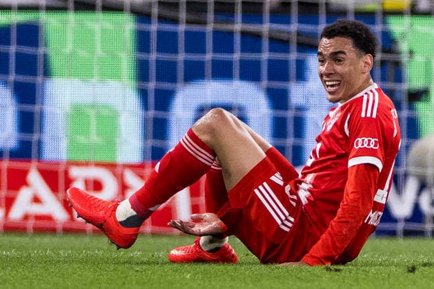 LEVERKUSEN, GERMANY - APRIL 22: Jamal Musiala (FC Bayern Muenchen, 10) on the floor during the DFB Pokal Semi final match between Bayer 04 Leverkusen vs. FC Bayern Muenchen at BayArena during semi final of the DFB Pokal season 2025 26 on April 22, 2026 in Leverkusen, Germany. North Rhine Westphalia Germany Copyright: xSteffiexWunderlx