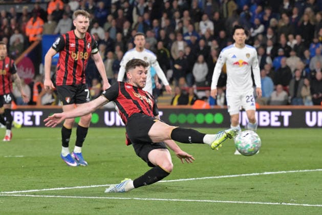Bournemouth v Leeds United, Premier League Ryan Christie (10) of AFC Bournemouth shoots at goal during the Premier League match between Bournemouth and Leeds United at the Vitality Stadium, Bournemouth, UK on 22 April 2026. Bournemouth Vitality Stadium Dorset UK Editorial use only DataCo restrictions apply See www.football-dataco.com , Copyright: xGrahamxHuntx PSI-24147-0060