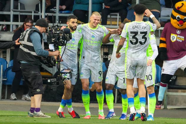 22nd April 2026; Turf Moor, Burnley, Lancashire, England; Premier League Football, Burnley versus Manchester City; Erling Haaland of Manchester City celebrates with teammates after scoring to make it 1-0 in the 5th minute AidanxHunter