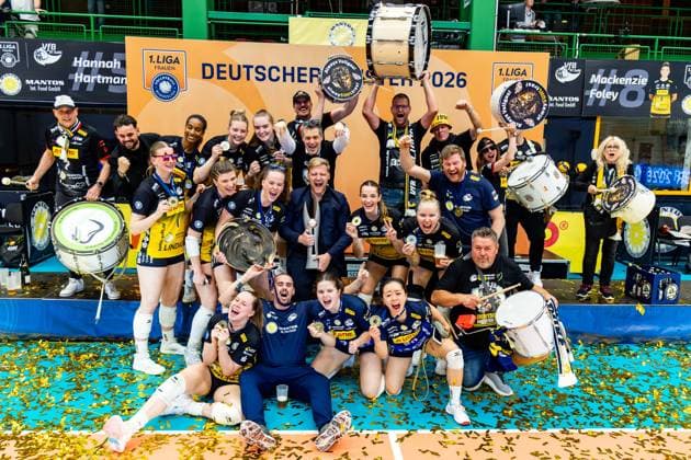 22 04 2026, GER, Volleyball, 1 Bl, Women, Season 25 26, Final PlayOff Best of 5 , VfB 91 Suhl Lotto Thueringen Dresdner SC der VfB 91 Suhl Lotto Thueringen gewinnt die PlayOffs 98527 Suhl Sporthalle Wolfsgrube Thüringen Germany