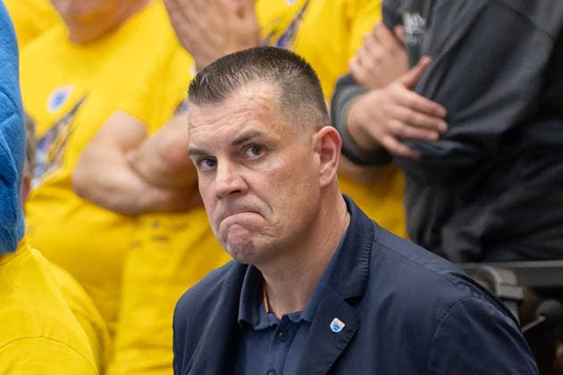 MBC main shareholder Christian Zeidler at the defeat of the MBC in the game Syntainics MBC vs Manchester Basketball, European North Basketball League, Final Four, Semi-Final 2025 26, Germany England, 22 04 2026 Weissenfels Stadthalle Sachsen Anhalt Germany