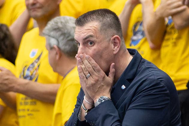 MBC main shareholder Christian Zeidler at the defeat of the MBC in the game Syntainics MBC vs Manchester Basketball, European North Basketball League, Final Four, Semi-Final 2025 26, Germany England, 22 04 2026 Weissenfels Stadthalle Sachsen Anhalt Germany