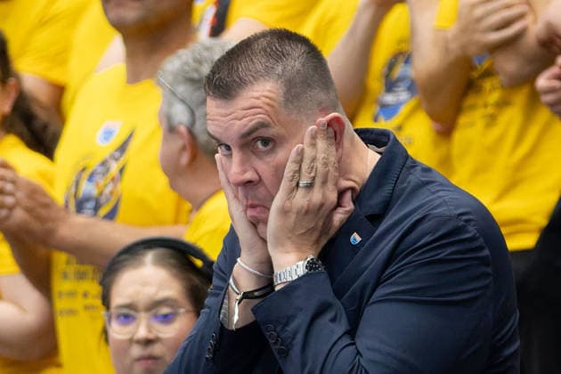MBC main shareholder Christian Zeidler at the defeat of the MBC in the game Syntainics MBC vs Manchester Basketball, European North Basketball League, Final Four, Semi-Final 2025 26, Germany England, 22 04 2026 Weissenfels Stadthalle Sachsen Anhalt Germany