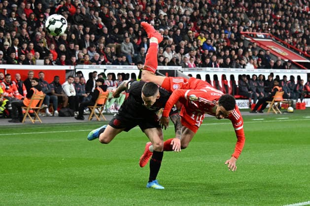 22.04.2026, xsltx, Fussball DFB Pokal 1 2 Finale, Bayer 04 Leverkusen - FC Bayern München v.l. Jamal Musiala (FC Bayern Muenchen) Alejandro Grimaldo (Bayer 04 Leverkusen) Zweikampf, Aktion, action, battle for the ball (DFL DFB REGULATIONS PROHIBIT ANY USE OF PHOTOGRAPHS as IMAGE SEQUENCES and or QUASI-VIDEO) Leverkusen *** 22 04 2026, xsltx, Fußball DFB Pokal 1 2 Finale, Bayer 04 Leverkusen FC Bayern München v l Jamal Musiala FC Bayern Muenchen Alejandro Grimaldo Bayer 04 Leverkusen Zweikampf, Aktion, action, battle for the ball DFL DFB REGULATIONS PROHIBIT ANY USE OF PHOTOGRAPHS as IMAGE SEQUENCES and or QUASI VIDEO Leverkusen