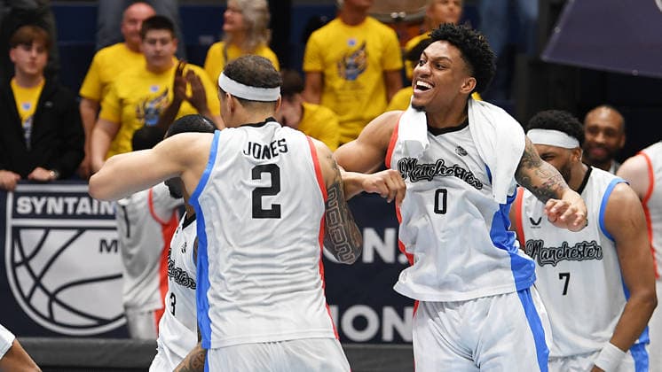 Basketball, ENBL VIMODROM Final Four 2026, Semifinal, SYNTAINICS MBC Mitteldeutscher Basketball Club Weissenfels vs Manchester Basketball 22 04 2026 86 89 49 42 Joy and jubilation among Manchester players after the victory in the game MBC Weissenfels vs Manchester Basketball 22 04 2026 On display