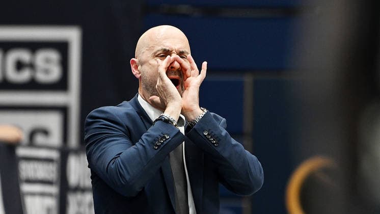 Basketball, ENBL VIMODROM Final Four 2026, semi-final, SYNTAINICS MBC Mitteldeutscher Basketball Club Weissenfels vs Manchester Basketball 22 04 2026 86 89 49 42 Milenko Bogicevic Head Coach Syntainics MBC gestures during the game MBC Weißenfels vs Manchester Basketball 22 04 2026 Weißenfels Saxony Anhalt Germany Stadthalle Weißenfels