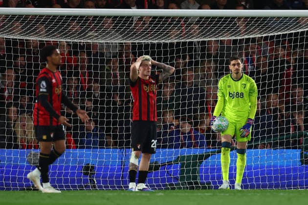 Bournemouth, England, 22nd April 2026. Djordje Petrovic (C) of Bournemouth looks dejected after Sean Longstaff of Leeds United scores to make it 2-2 during the AFC Bournemouth vs Leeds United Premier League match at the Vitality Stadium, Bournemouth. Picture credit should read: Paul Terry Sportimage EDITORIAL USE ONLY. No use with unauthorised audio, video, data, fixture lists, club league logos or live services. Online in-match use limited to 120 images, no video emulation. No use in betting, games or single club league player publications. SPI_042_PT_Bournemouth_Leeds SPI-4707-0042