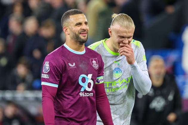22nd April 2026; Turf Moor, Burnley, Lancashire, England; Premier League Football, Burnley versus Manchester City; Erling Haaland of Manchester City and Kyle Walker of Burnley talking at halftime AidanxHunter
