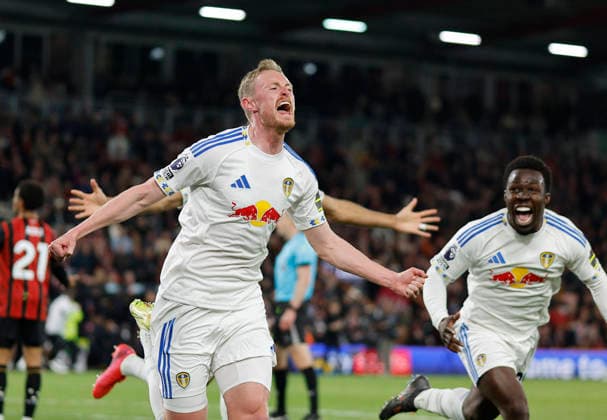 22nd April 2026, Bournemouth, Dorset, England; Premier League Football, AFC Bournemouth versus Leeds United; Sean Longstaff of Leeds celebrates his goal after scored in 90+7th minutes HongboxChen