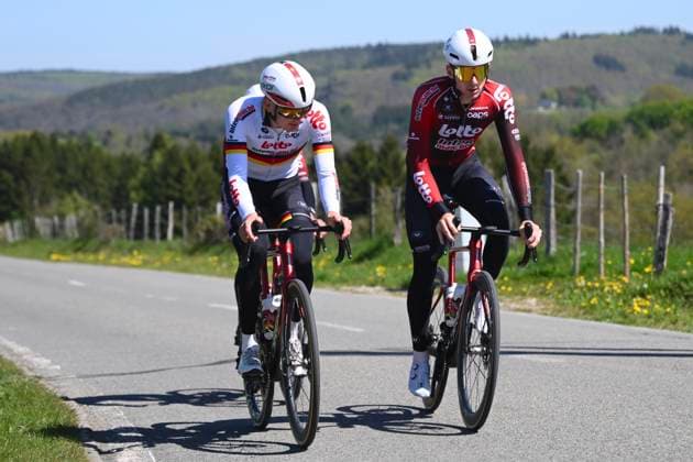 Liege Bastogne Liege 2026 Cycling Race Media Activities 23 04 2026 LIEGE, BELGIUM - APRIL 23 : Zimmerman Georg (GER) of Lotto Intermarche and Van Boven Luca (BEL) of Lotto Intermarche riding during a training and reconnaissance session ahead of the 112th edition of Liege Bastogne Liege an UCI World Tour 1.UWT one day cycling road race for Men Elite of 260 km with start in Liege and finish in Liege on April 23, 2026 in Liege, Belgium, 23 04 2026 ( Motordriver Guy De Vuyst - Liege Belgium  Copyright: xVincentxKalutx