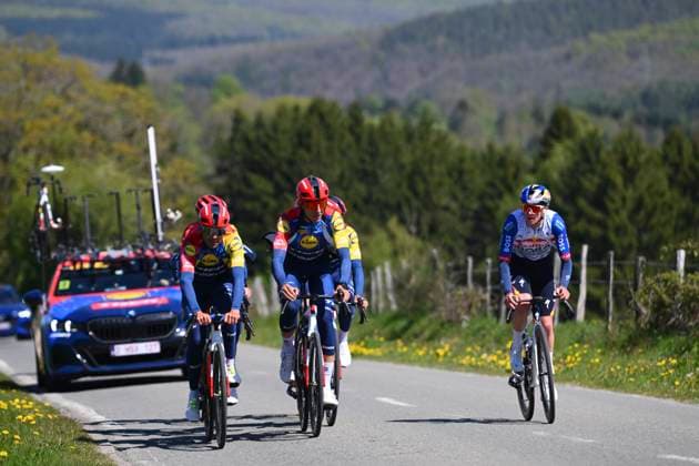 Liege Bastogne Liege 2026 Cycling Race Media Activities 23 04 2026 LIEGE, BELGIUM - APRIL 23 : riders of team Lidl - Trek and Van Gils Maxim (BEL) of Red Bull BORA Hansgrohe during a training and reconnaissance session ahead of the 112th edition of Liege Bastogne Liege an UCI World Tour 1.UWT one day cycling road race for Men Elite of 260 km with start in Liege and finish in Liege on April 23, 2026 in Liege, Belgium, 23 04 2026 ( Motordriver Guy De Vuyst - Liege Belgium  Copyright: xVincentxKalutx