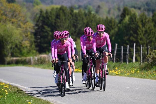 Liege Bastogne Liege 2026 Cycling Race Media Activities 23 04 2026 LIEGE, BELGIUM - APRIL 23 : riders of team EF Education-EasyPost during a training and reconnaissance session ahead of the 112th edition of Liege Bastogne Liege an UCI World Tour 1.UWT one day cycling road race for Men Elite of 260 km with start in Liege and finish in Liege on April 23, 2026 in Liege, Belgium, 23 04 2026 ( Motordriver Guy De Vuyst - Liege Belgium  Copyright: xVincentxKalutx