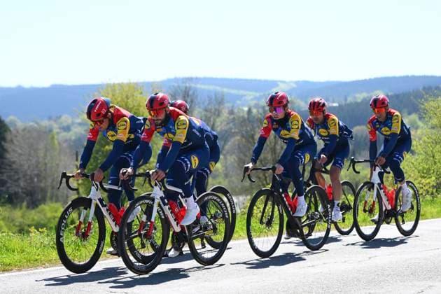 Liege Bastogne Liege 2026 Cycling Race Media Activities 23 04 2026 LIEGE, BELGIUM - APRIL 23 : riders of team Lidl - Trek during a training and reconnaissance session ahead of the 112th edition of Liege Bastogne Liege an UCI World Tour 1.UWT one day cycling road race for Men Elite of 260 km with start in Liege and finish in Liege on April 23, 2026 in Liege, Belgium, 23 04 2026 ( Motordriver Guy De Vuyst - Liege Belgium  Copyright: xVincentxKalutx