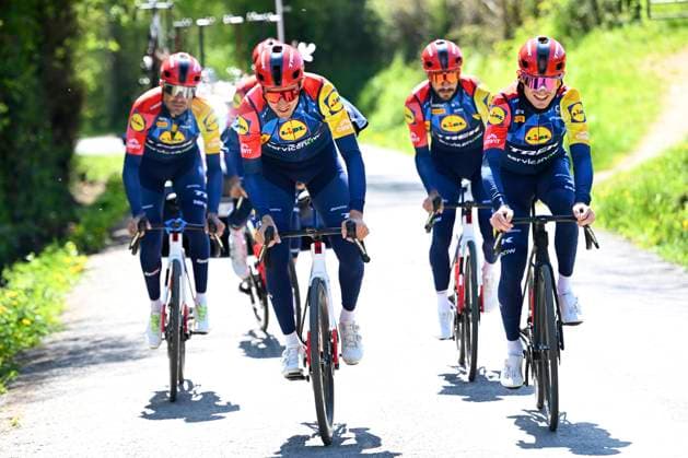 Liege Bastogne Liege 2026 Cycling Race Media Activities 23 04 2026 LIEGE, BELGIUM - APRIL 23 : Skjelmose Mattias (DEN) of Lidl Trek and teammates riding during a training and reconnaissance session ahead of the 112th edition of Liege Bastogne Liege an UCI World Tour 1.UWT one day cycling road race for Men Elite of 260 km with start in Liege and finish in Liege on April 23, 2026 in Liege, Belgium, 23 04 2026 ( Motordriver Guy De Vuyst - Liege Belgium  Copyright: xVincentxKalutx