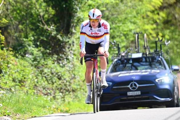 Liege Bastogne Liege 2026 Cycling Race Media Activities 23 04 2026 LIEGE, BELGIUM - APRIL 23 : Zimmerman Georg (GER) of Lotto Intermarche riding during a training and reconnaissance session ahead of the 112th edition of Liege Bastogne Liege an UCI World Tour 1.UWT one day cycling road race for Men Elite of 260 km with start in Liege and finish in Liege on April 23, 2026 in Liege, Belgium, 23 04 2026 ( Motordriver Guy De Vuyst - Liege Belgium  Copyright: xVincentxKalutx