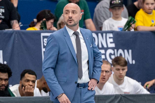ENBL Final Four 2025 2026 Syntainics MBC vs CSO Voluntari Match for 3rd place Weissenfels, Germany April 23, 2026 In the picture Coach Milenko Bogicevic Weissenfels Weissenfels Stadthalle Weissenfels Sachsen Anhalt Germany