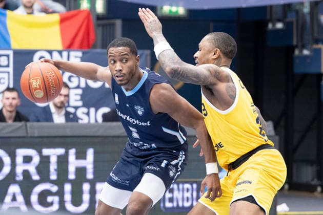 ENBL Final Four 2025 2026 Syntainics MBC vs CSO Voluntari Match for 3rd place Weissenfels, Germany April 23, 2026 In the picture from left in the duel Michael Anthony Caffey Voluntari and Charles Callison Weissenfels Weissenfels Stadthalle Weissenfels Sachsen Anhalt Germany