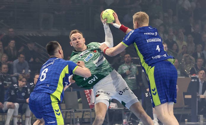 Milos Vujovic, Mathias Gidsel on the ball, Ellidi Snaer Vidarsson duel Game scene Action Sport Handball HBL Bundesliga Men 29 Matchday Season 2025 2026 23 04 2026 Füchse Berlin vs VfL Gummersbach
