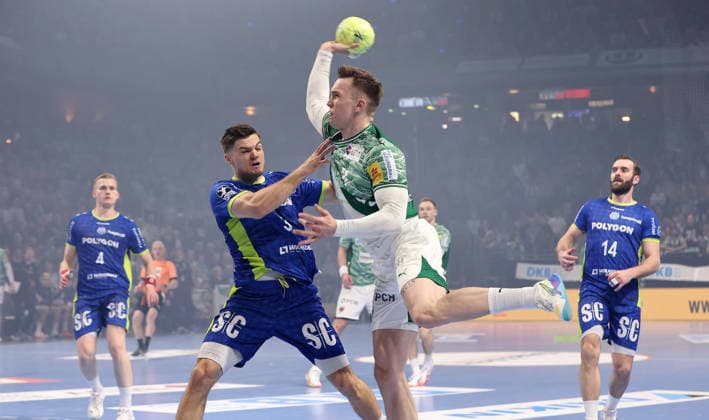 Kay Smits, Lasse Andersson on the ball duel Match scene Action Sport Handball HBL Bundesliga Men 29 Matchday Season 2025 2026 23 04 2026 Füchse Berlin vs VfL Gummersbach