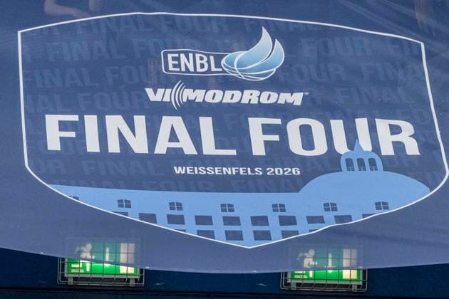 ENBL Final Four 2025 2026 Syntainics MBC vs CSO Voluntari Match for 3rd place Weissenfels, Germany April 23, 2026 In the picture Logo Final Four ENBL feature, symbol, symbol photo, characteristic, detail, Weissenfels Stadthalle Weissenfels Sachsen Anhalt Germany