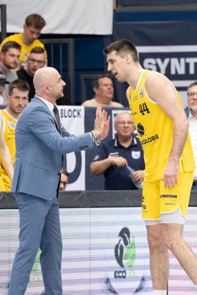 ENBL Final Four 2025 2026 Syntainics MBC vs CSO Voluntari Match for 3rd place Weissenfels, Germany April 23, 2026 In the picture from left coach Milenko Bogicevic Weissenfels and Jure Planinic Weissenfels Weissenfels Stadthalle Weissenfels Sachsen Anhalt Germany