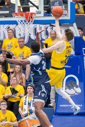 ENBL Final Four 2025 2026 Syntainics MBC vs CSO Voluntari Match for 3rd place Weissenfels, Germany April 23, 2026 Pictured from left Mouhamed Barro Voluntari and Perttu Blomgren Weissenfels Weissenfels Stadthalle Weissenfels Sachsen Anhalt Germany