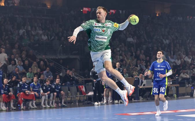 Mathias Gidsel scores a goal against goalkeeper Dominik Kuzmanovic Single image Crop Action Sport Handball HBL Bundesliga Men 29 Matchday Season 2025 2026 23 04 2026 Füchse Berlin vs VfL Gummersbach