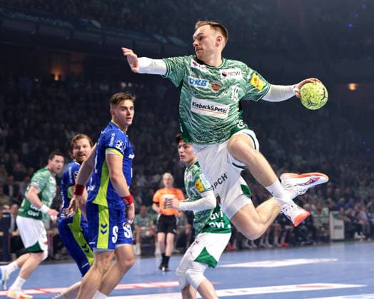 Mathias Gidsel scores a goal duel Match scene Action Sport Handball HBL Bundesliga Men 29 Matchday Season 2025 2026 23 04 2026 Füchse Berlin vs VfL Gummersbach