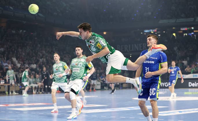 Tim Freihöfer scores a goal, Kay Smits duel Game scene Action Sport Handball HBL Bundesliga Men 29 Matchday Season 2025 2026 23 04 2026 Füchse Berlin vs VfL Gummersbach
