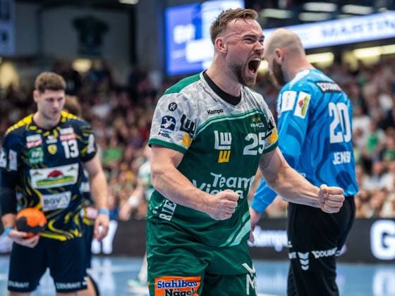 Ludvig Jurmala Astroem Frisch Auf Goeppingen, 25 cheers loudly, Frisch Auf Goeppingen vs Rhein Neckar Loewen, Handball, 1 Bundesliga, Men, Season 2025 2026, 23 04 2026, Frisch Auf Goeppingen vs Rhein Neckar Loewen, Handball, 1 Bundesliga, Men, Season 2025 2026, 23 04 2026 Goeppingen Copyright: xEibner-Pressefoto MichaelxSchmidx EP_MST