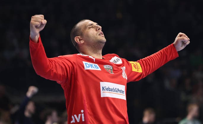 Goalkeeper Dejan Milosavljev celebrates after a save Joy Emotion Cheers Sport Handball HBL Bundesliga Men 29 Matchday Season 2025 2026 23 04 2026 Füchse Berlin vs VfL Gummersbach