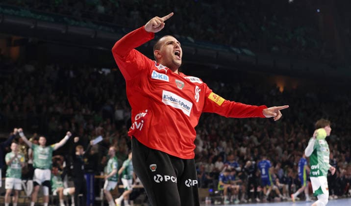 Goalkeeper Dejan Milosavljev celebrates after a save Joy Emotion Cheers Sport Handball HBL Bundesliga Men 29 Matchday Season 2025 2026 23 04 2026 Füchse Berlin vs VfL Gummersbach